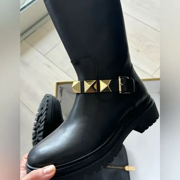 NEW Michael Kors Layton Leather boots with  gold studs short booties sz 6.5 - Picture 8 of 16